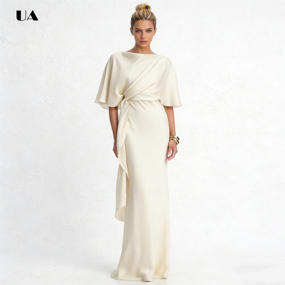 Robe de bal droite élégante avec col bateau, robe de soirée en Satin solide avec manches flottantes, robe de soirée drapée classique personnalisée