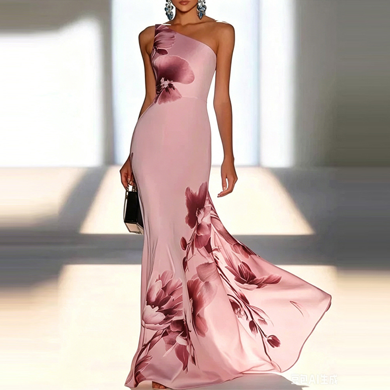 Robe de soirée élégante sans manches à découpes, taille haute plissée en mousseline, col bateau sexy, imprimé floral
