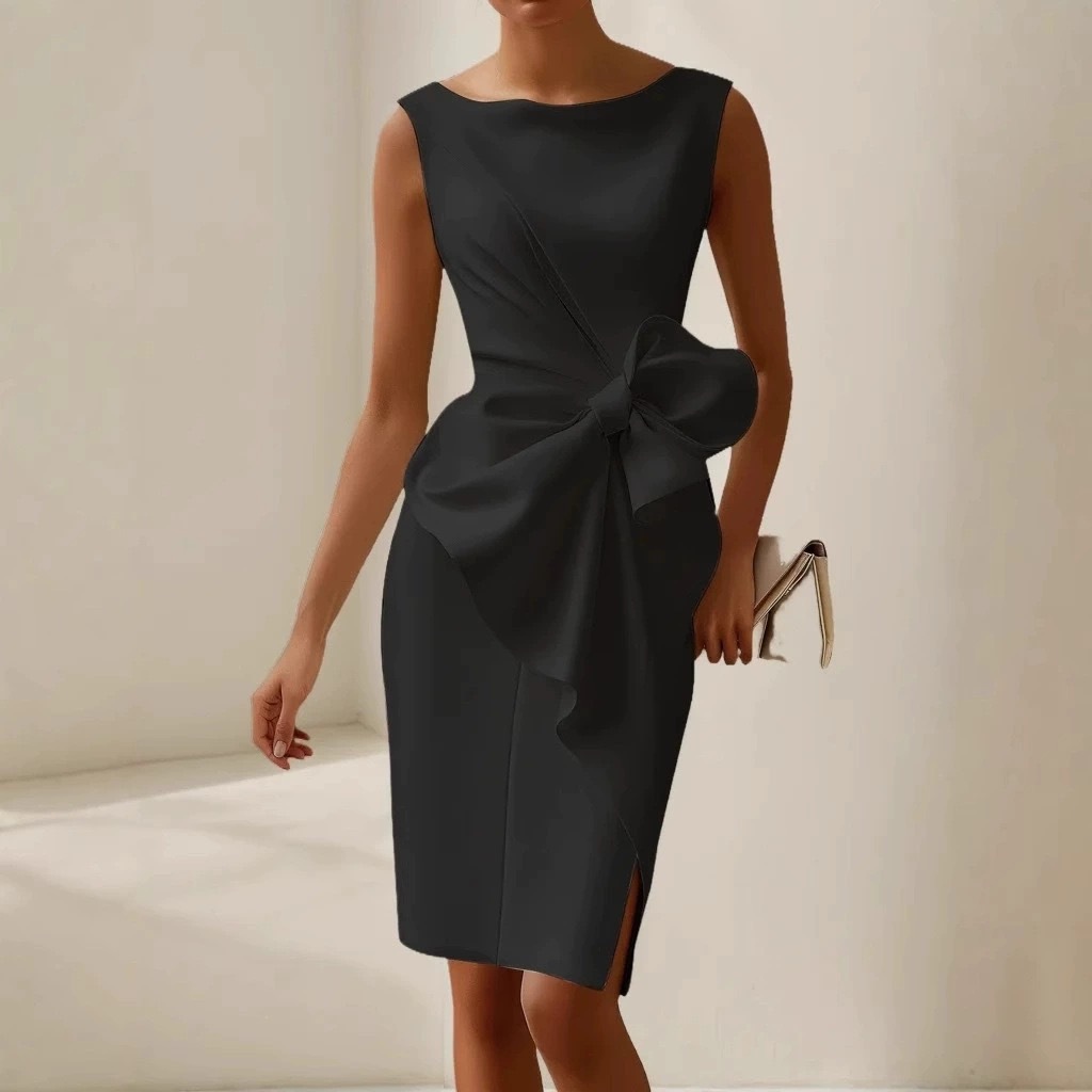 Robe midi sans manches à nœud papillon tendance 2026, couleur unie, style européen pour femmes