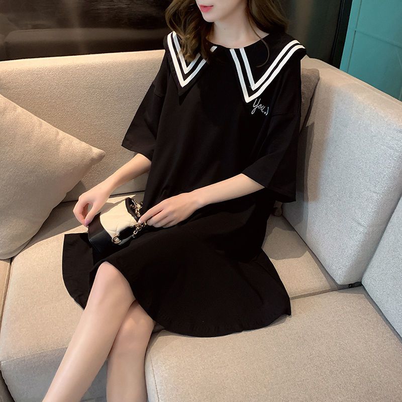 Preppy Style noir ample t-shirt robe été nouveau à manches courtes couleur unie rayé Patchwork hauts doux mode femmes vêtements