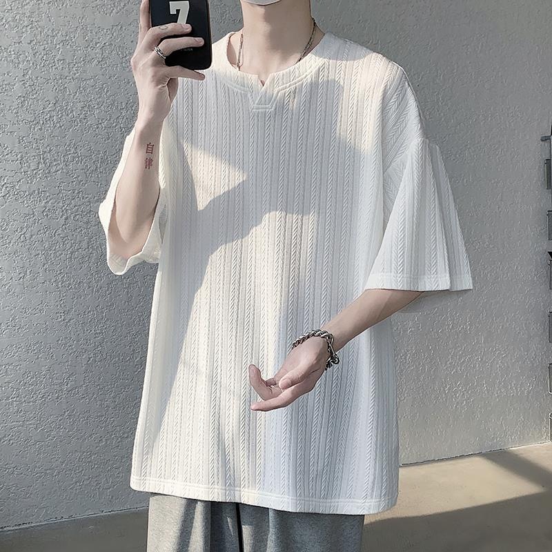 T-shirt décontracté pour homme en soie glacée, col en V, manches courtes, coupe ample, grande taille, tendance estivale, élégant et lourd