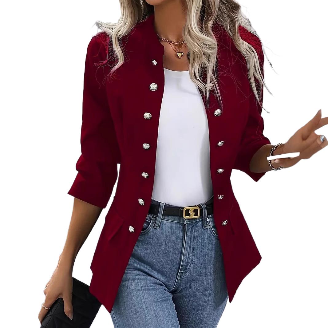 Femmes à manches longues vestes minces automne femme Double boutonnage bouton col montant Blazers FYY-207