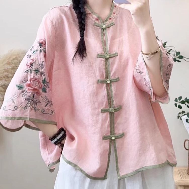 Été nouveaux hauts rétro couleur contrastée coton et lin brodé ethnique vent Blouse manches évasées Cardigan chemise pour les femmes