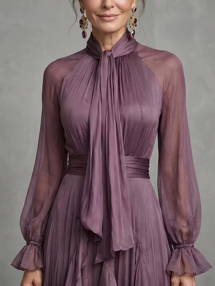 Robe longue élégante en mousseline à volants pour femme, avec nœud, col montant, manches lanternes, taille haute, pour invitées de mariage et soirées