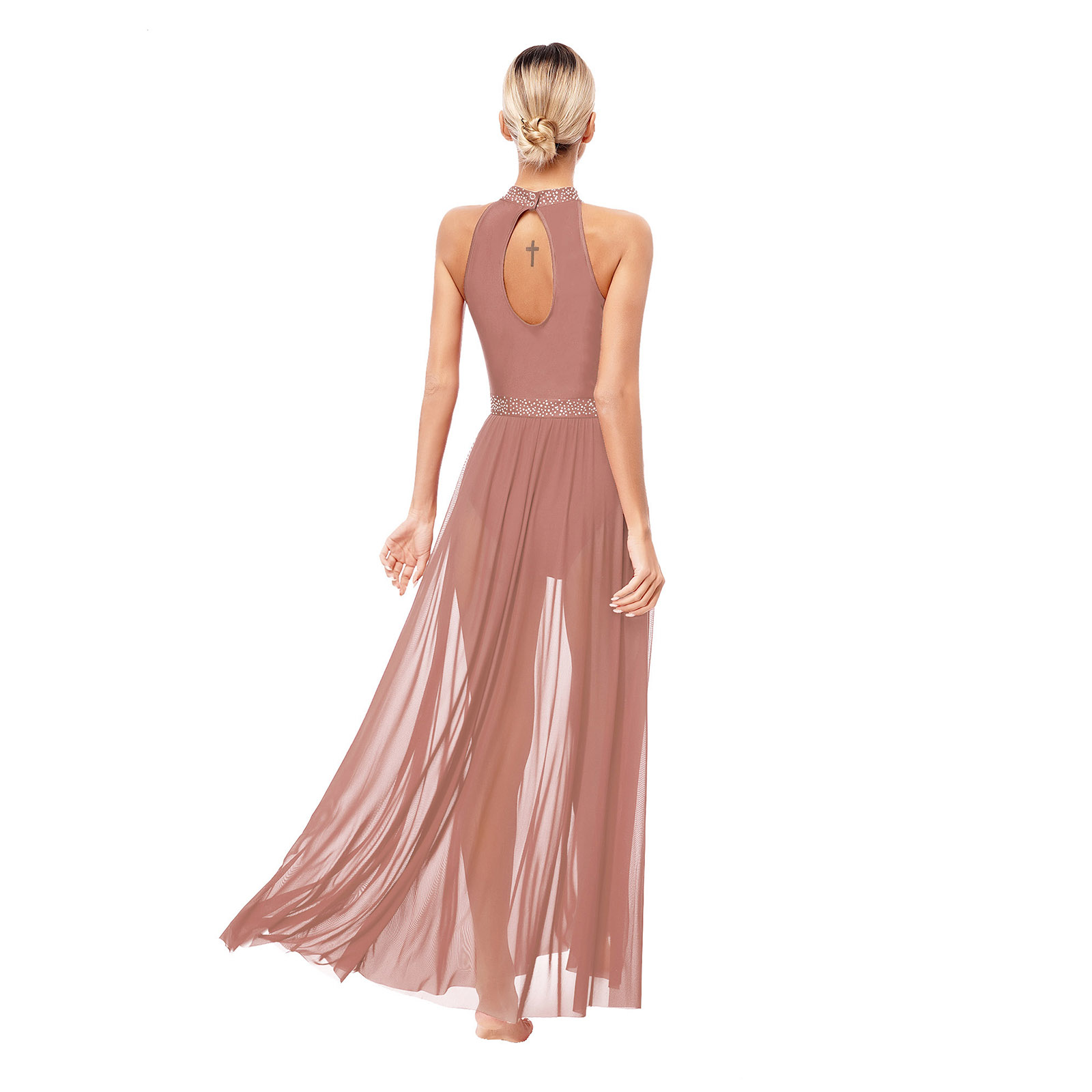 Robe de Ballet pour femmes, Costume de spectacle de danse latine lyrique, sans manches, trou de serrure au dos, strass brillants, robe Maxi en maille fendue sur le côté