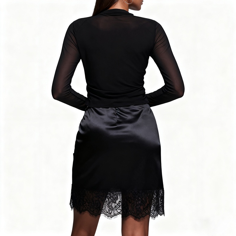 Mini-jupe nuisette en satin pour femme, avec bordure en dentelle et patchwork, sous-jupe soyeuse Y2K taille basse coupe trapèze