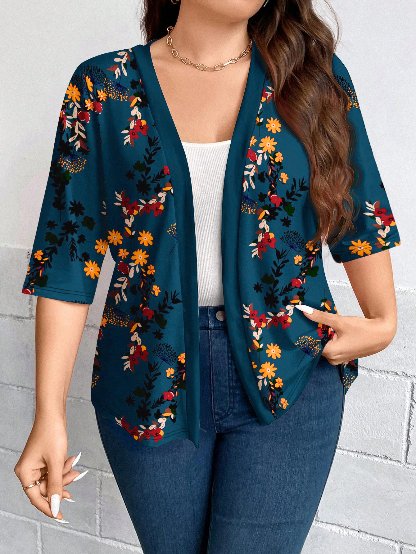 Cardigan floral à manches courtes pour femme, grande taille, imprimé floral bleu sarcelle, haut superposé ouvert sur le devant pour le printemps et l'automne