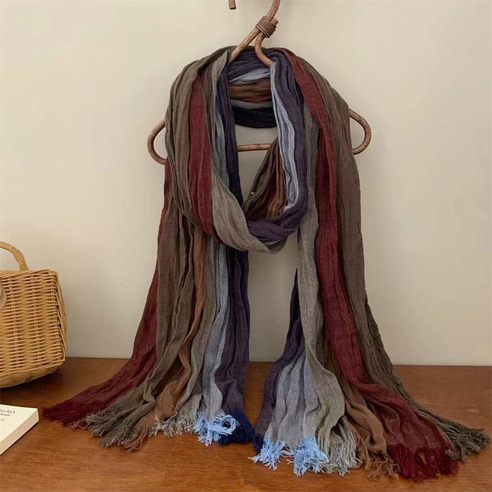 Écharpe longue à franges en lin mélangé style bohème rétro 2026 pour femme, dégradé de couleurs, respirante et douce, à rayures, pour usage quotidien