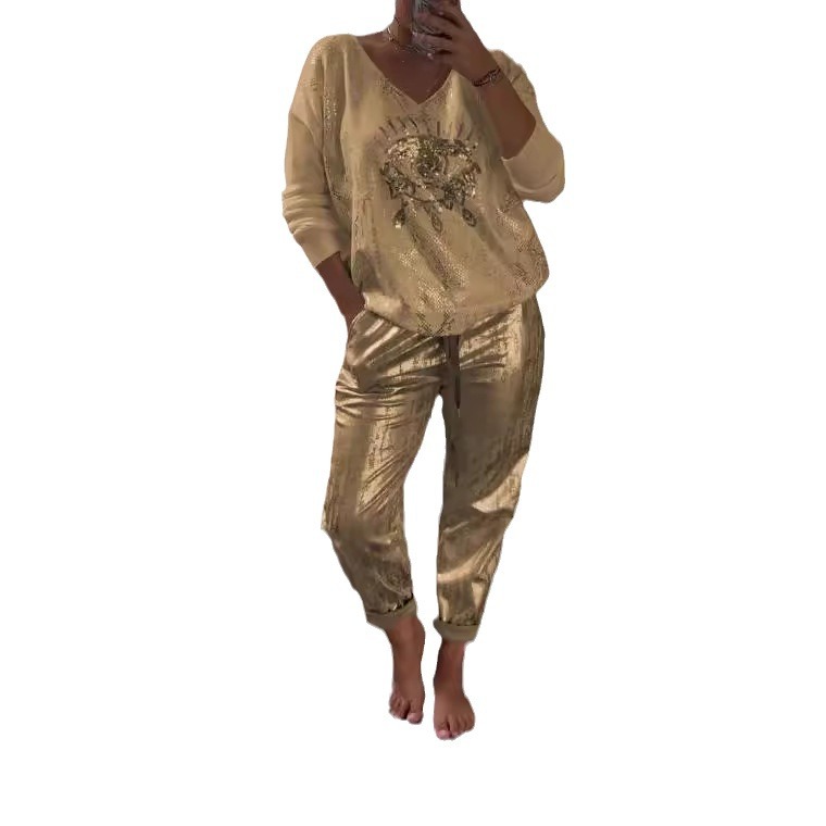 Costume grande taille pour femmes, mode décontractée, décoration des yeux en métal, chemise à manches longues, pantalons décontractés, grande taille, vêtements pour femmes, 2025