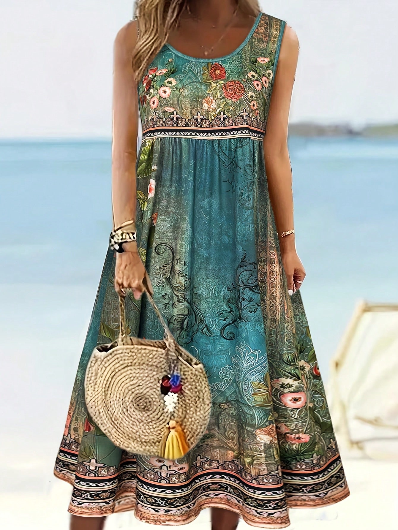 Robe Bohème Florale Sans Manches pour Femme, Imprimé Turquoise Vintage, Col Rond, Taille Haute, Coupe Évasée, Longueur Midi