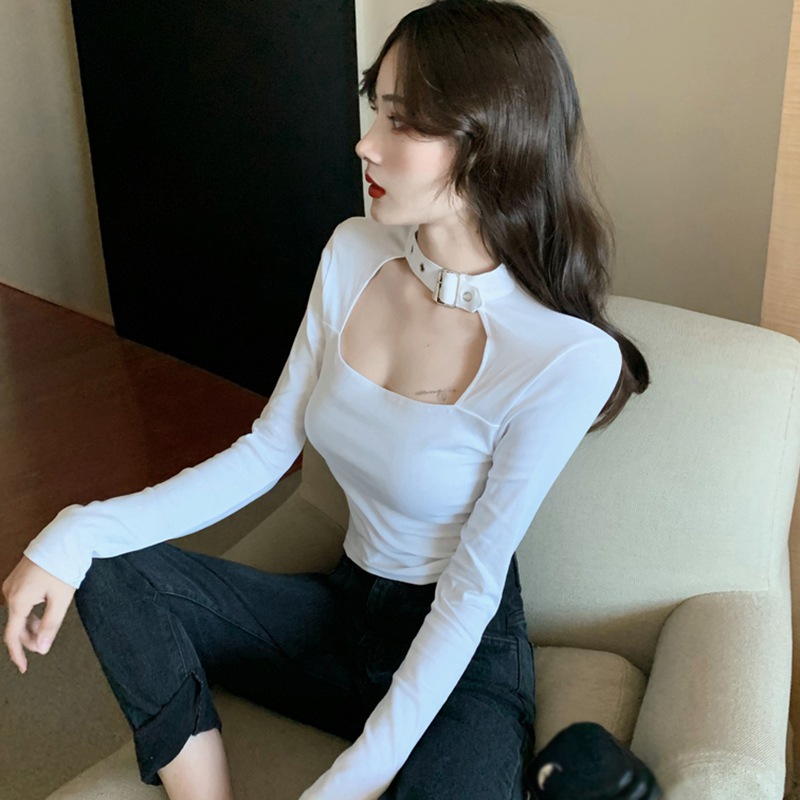Automne Sexy femmes t-shirt licou boucle cou chemises à manches longues haut court Streetwear basique t-shirt dames t-shirts serrés chemises