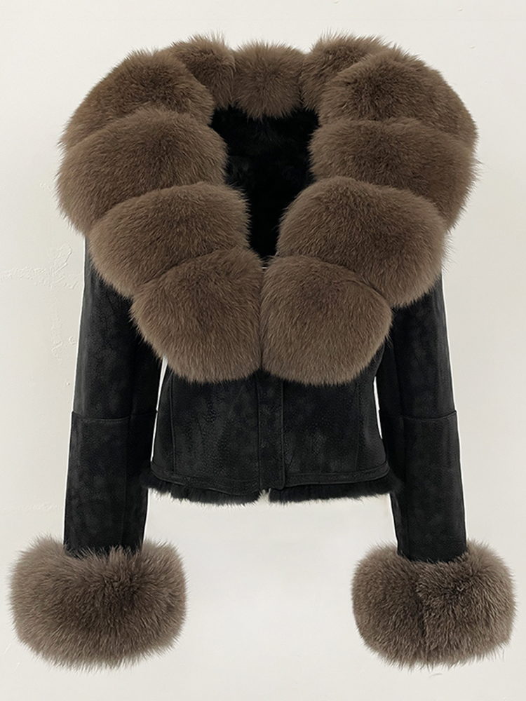 OFTBUY mode courte nouveau automne hiver fourrure vêtements réel lapin fourrure doublure daim veste femmes naturel renard fourrure col manteau femme