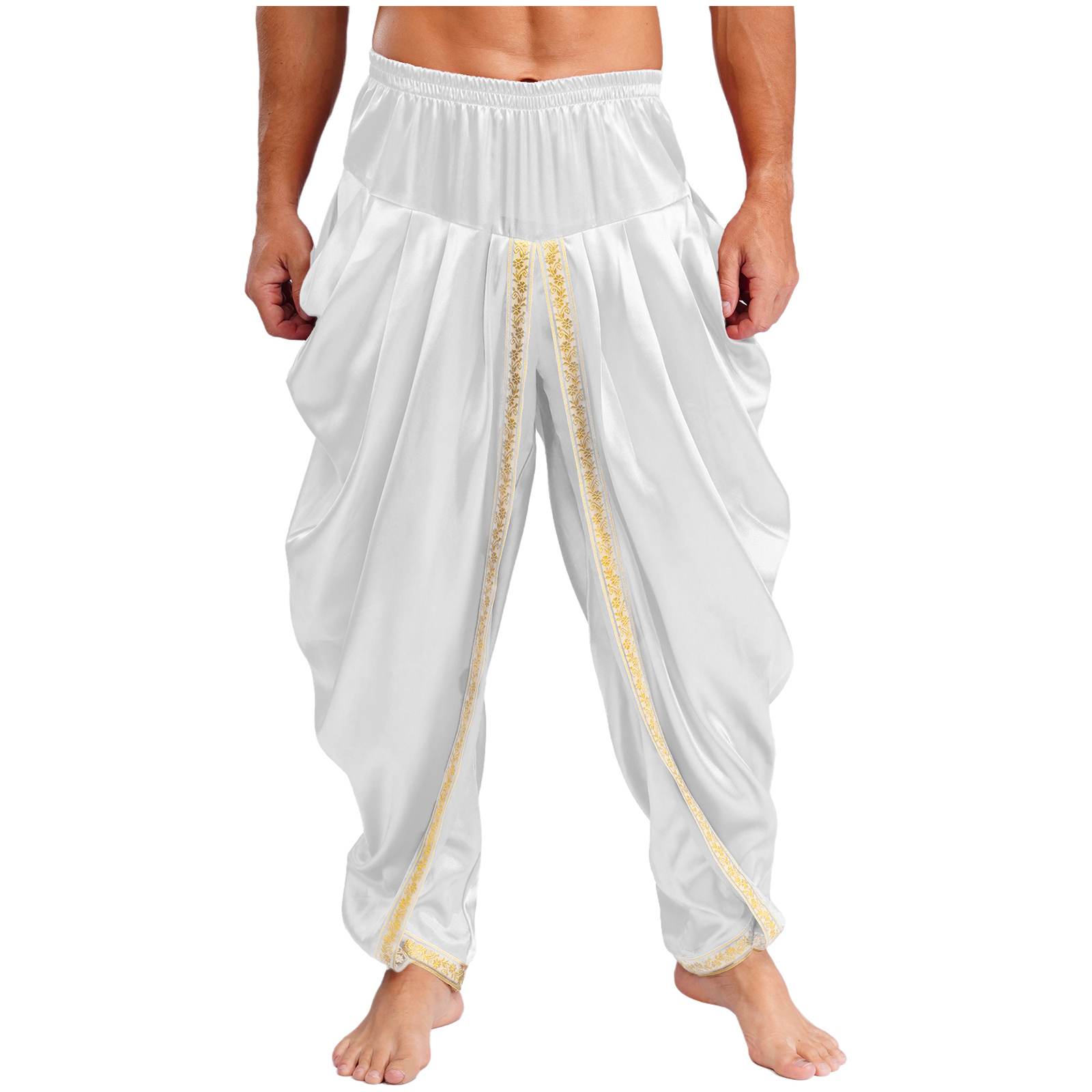 Costume de Prince arabe pour hommes, pantalon Dhoti en Satin SMen, décontracté, taille élastique, drapé, Baggy, vêtements de carnaval d'halloween