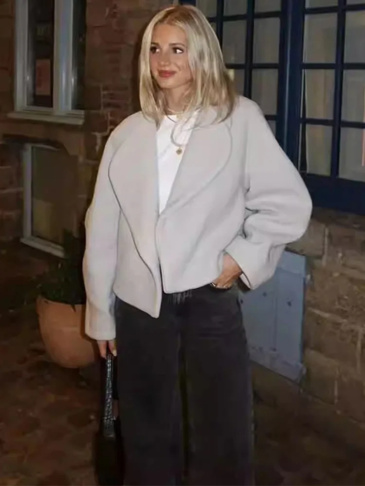 Manteaux courts en laine grise pour femme, veste courte élégante à revers, manches longues, mode dame, vêtements d'extérieur de rue, automne