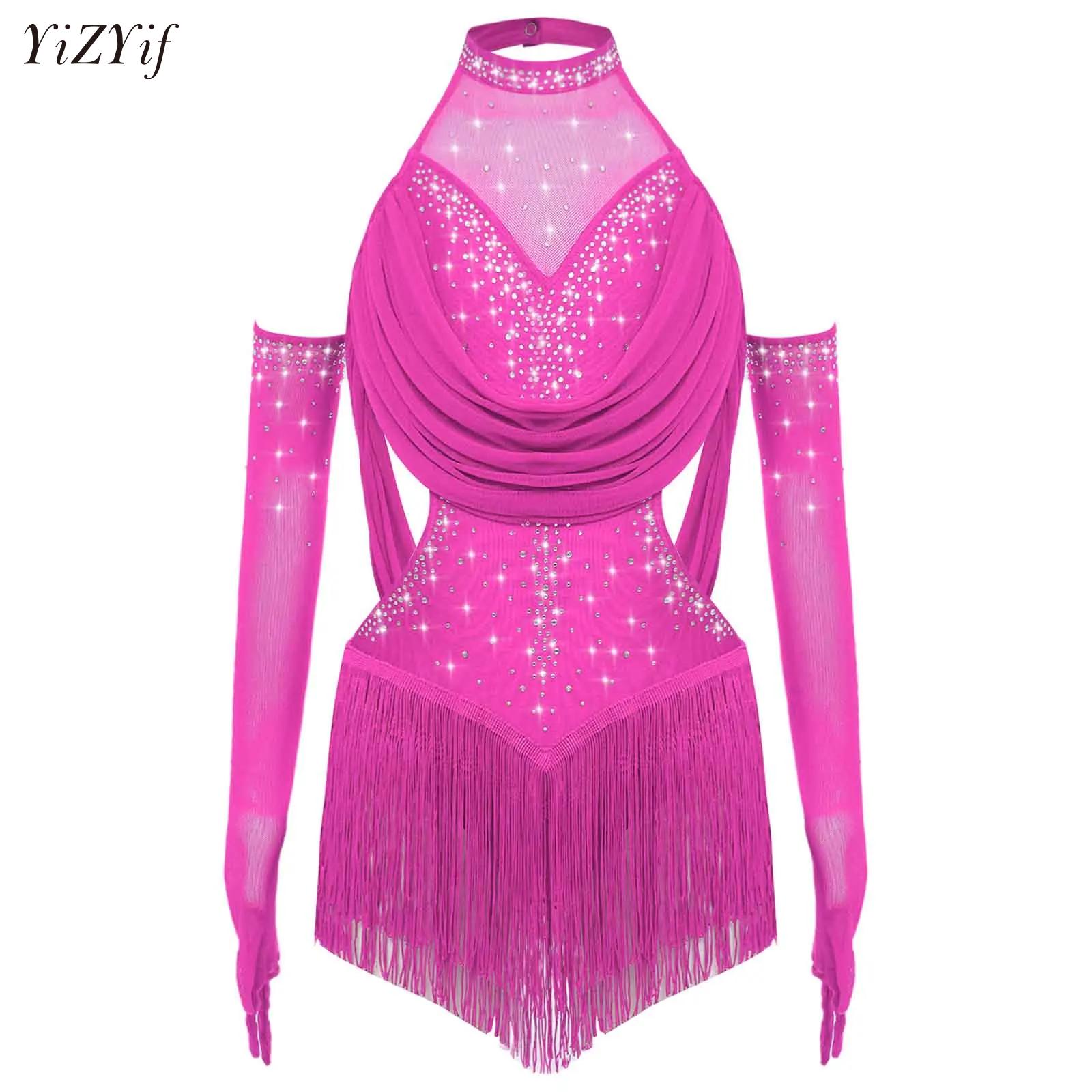 Maillot de patinage artistique pour filles, body de gymnastique Jazz Latin avec gants, justaucorps de danse pour spectacle sur scène de danse lyrique moderne