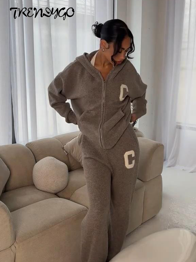 Nouveaux ensembles de pantalons tricotés pour femmes, manteaux oversize à capuche et manches longues zippées, pantalons à jambes larges, tenues amples jacquard pour femme, collection automne