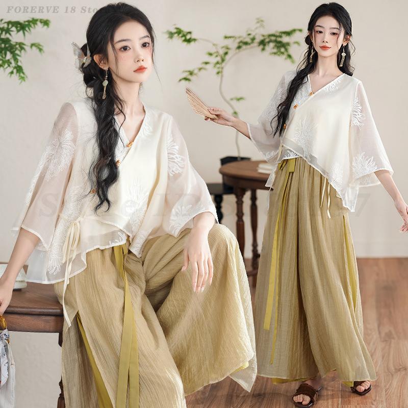Vêtements de style ethnique chinois pour femmes, olympiques élégants, ensemble de thé du Vermont, chemise à manches courtes, Hanfu traditionnel vintage, printemps et été