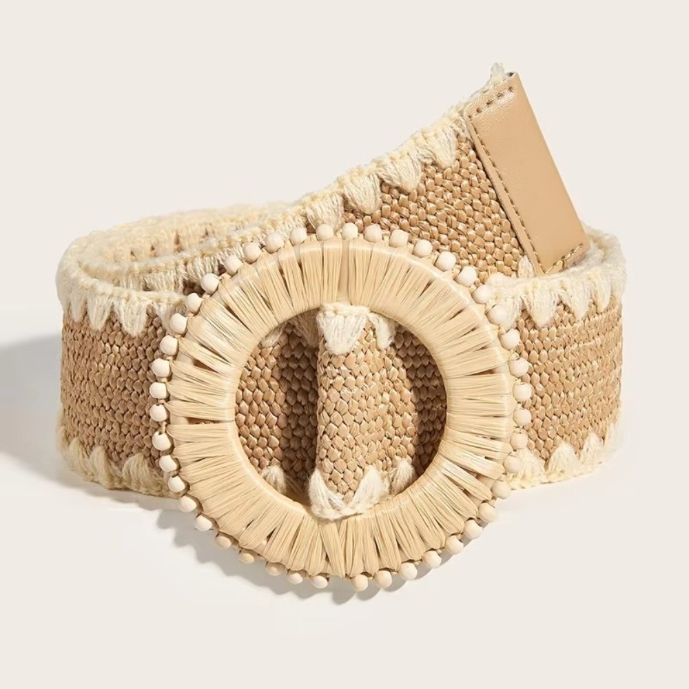 Ceinture de taille tendance à boucle ronde, ceinture en paille bohème, ceinture tissée bohème avec boucle elliptique et perles décoratives pour femme, idéale pour la plage et les vacances