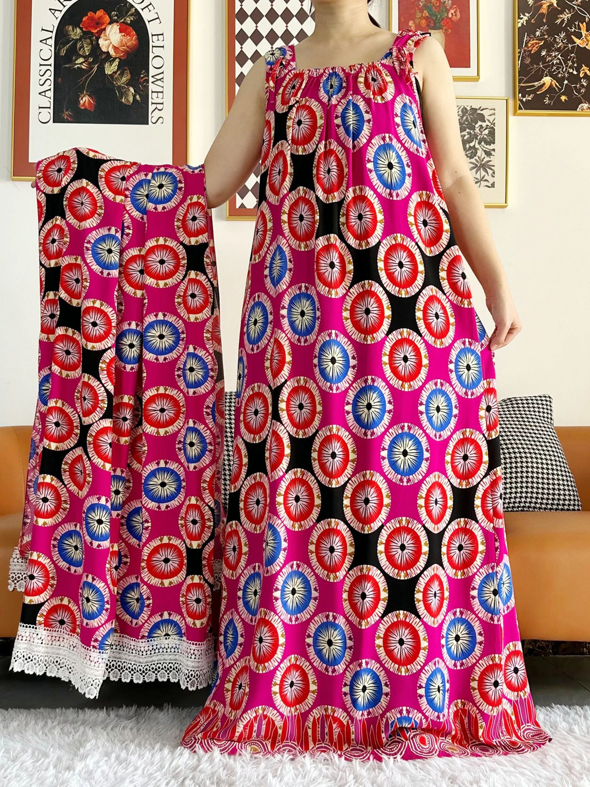 Robe Dashiki pour femmes africaines, kaftan, abaya, en coton, imprimé floral, décontracté, avec grande écharpe, nouvelle collection été