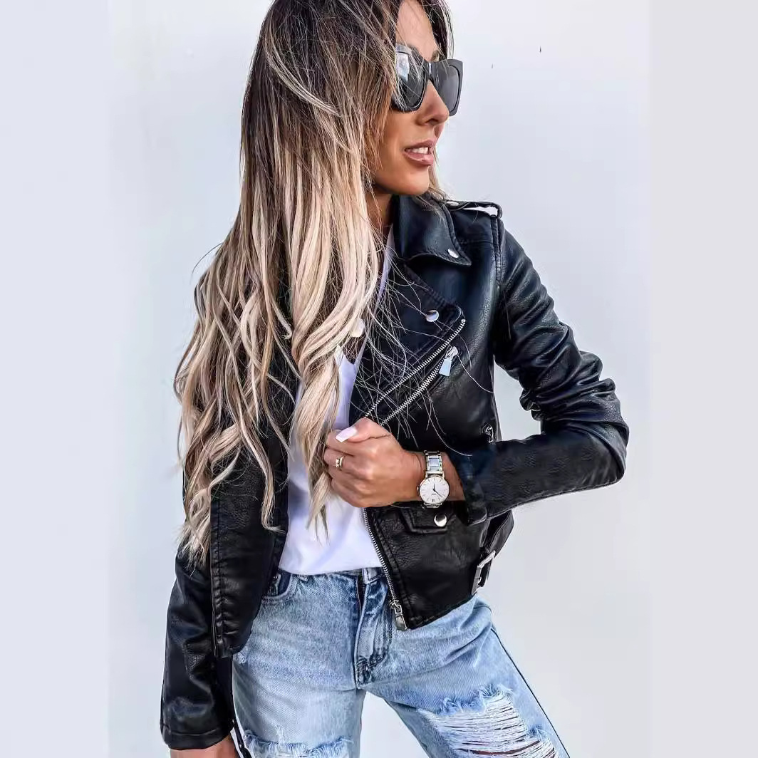 Veste de motard en cuir PU pour femme, fermeture éclair courte, vêtements d'extérieur chauds d'hiver