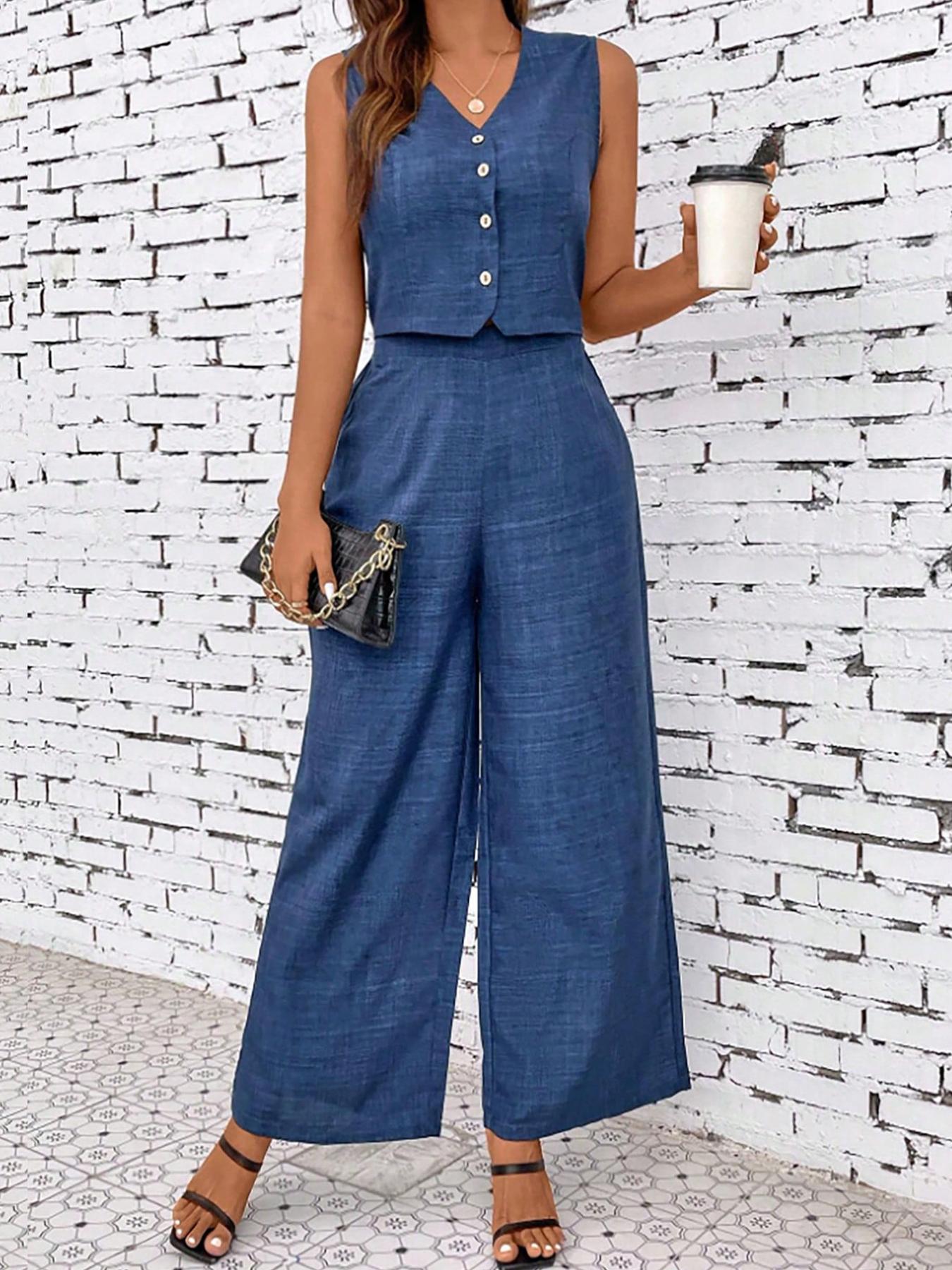 Ensemble sans manches pour femme, débardeur col en V avec pantalon large, tenue décontractée pour le quotidien, coupe ajustée courte