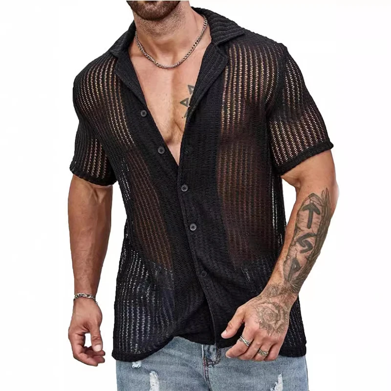 Streetwear mode tricots hommes chemise Sexy voir à travers hauts en tricot hommes été décontracté bouton revers à manches courtes évider chemise