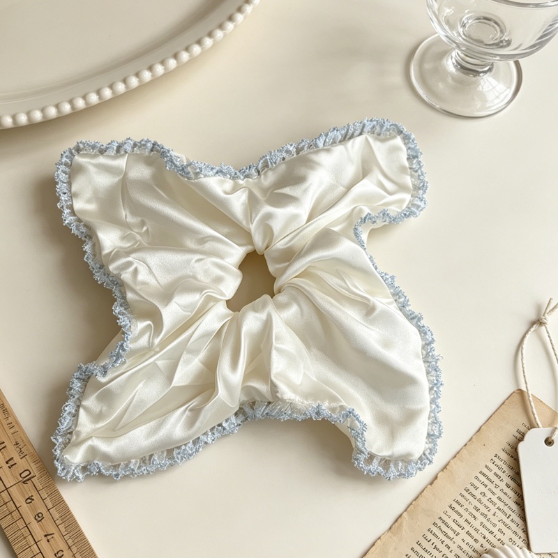 Élastiques à cheveux pour femmes en satin blanc, style foulard carré, avec garniture en dentelle à paillettes bleues, style coréen, doux, pour usage quotidien et queue de cheval