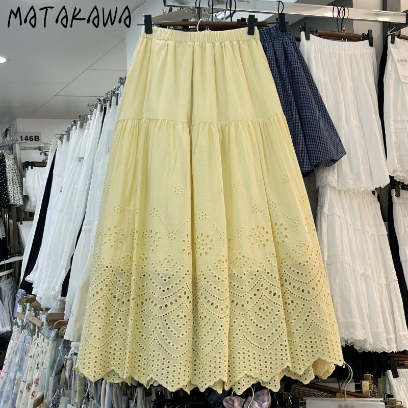 Matakawa dentelle jupes femmes a-ligne solide printemps été élégant évider jupe longue mode coréenne taille haute Faldas Mujer