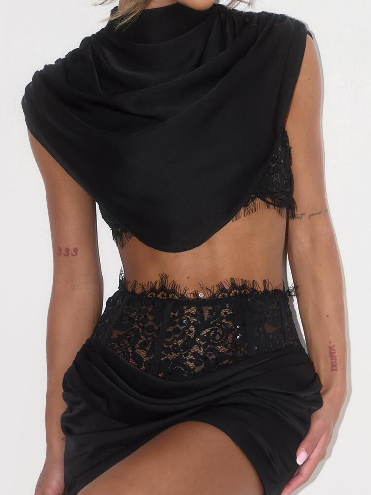 Ensemble 2 pièces chic pour femme : haut court en satin drapé sans manches et jupe moulante froncée à taille haute avec corset en dentelle – Tenue de soirée
