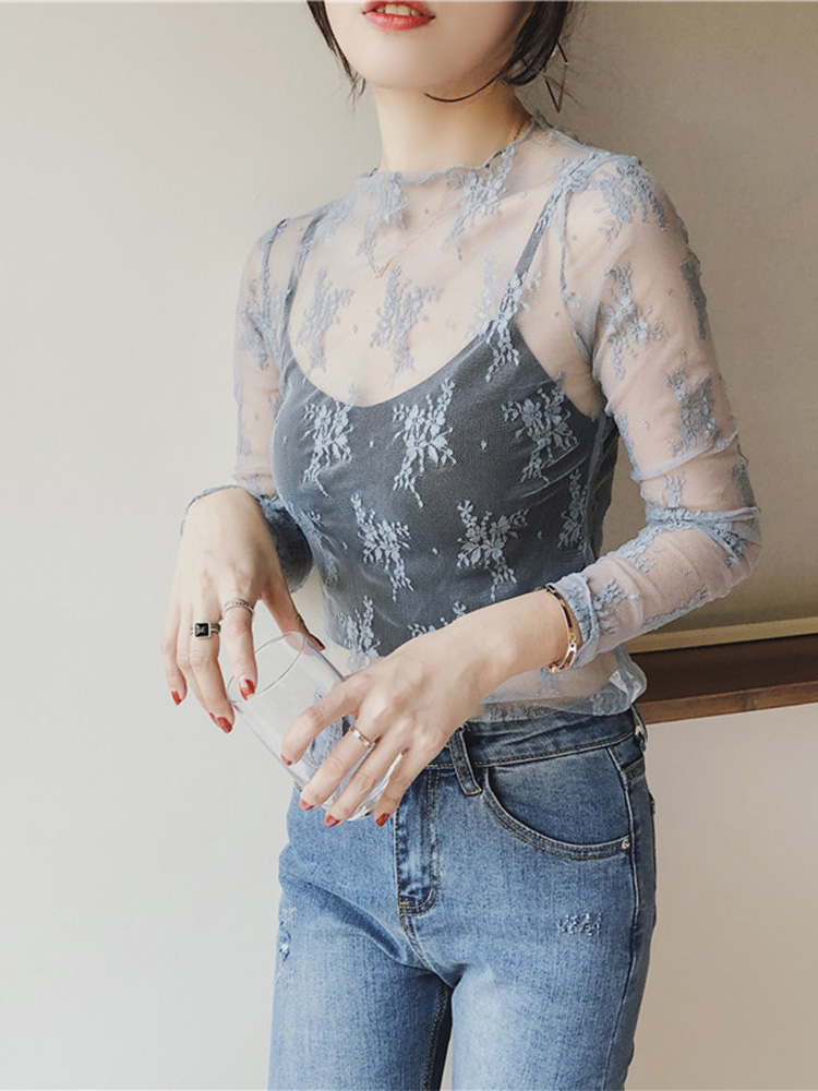 Chemisiers d'été pour femmes, en dentelle, avec broderies florales, hauts pour femmes, chemisiers en maille sexy, chemisiers transparents élégants, chemise noire transparente.