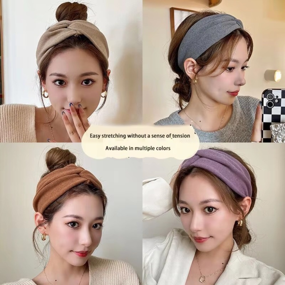 Bandeau large coréen en tricot à nœud croisé pour femme, bandeau uni élastique pour le sport et le yoga, accessoire pour cheveux de fille.