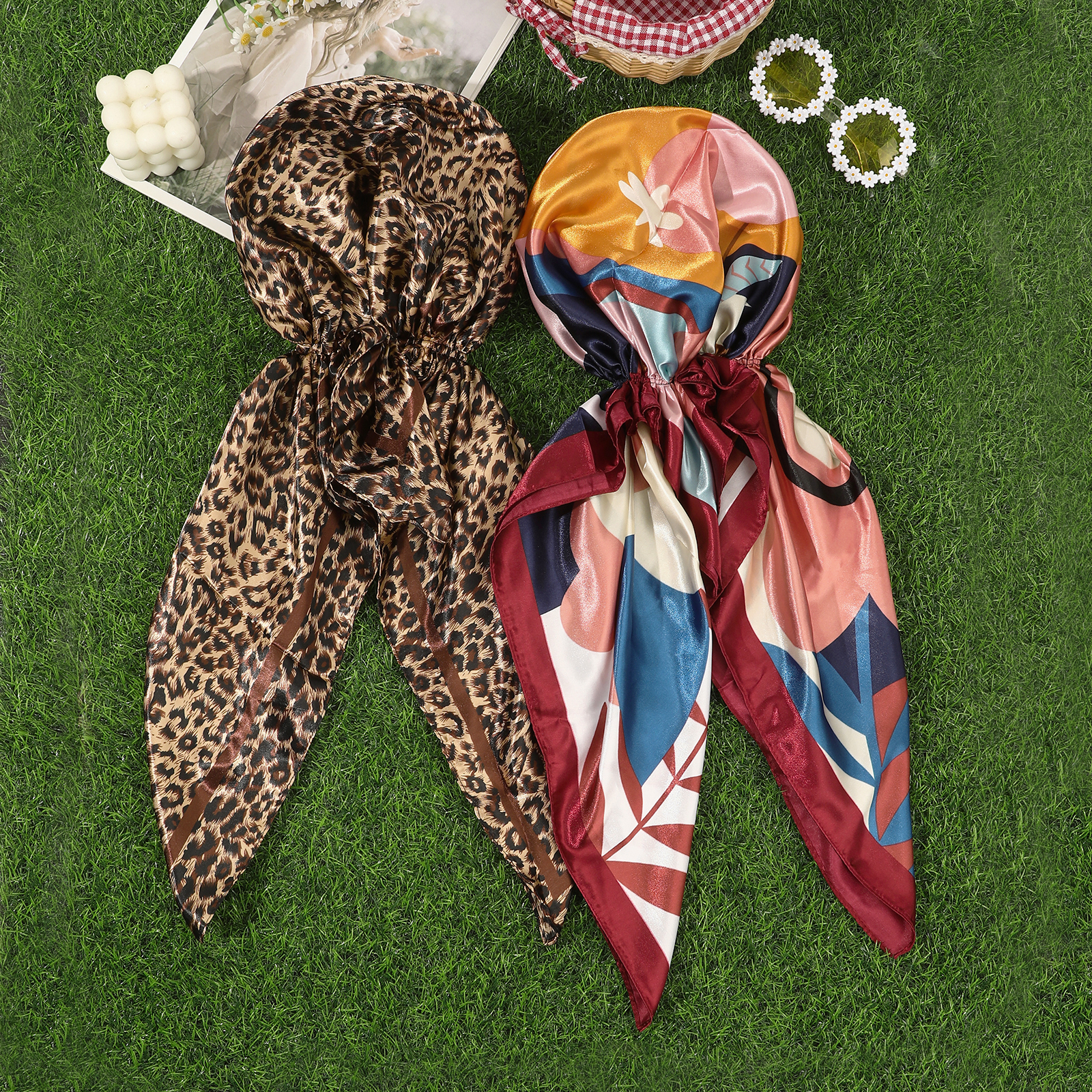 Imprimé Turban chapeau Bandanas bandeau imprimé léopard hommes enveloppe de cheveux Foulard Satin châle tête Bandana Hijab femmes cheveux accessoires