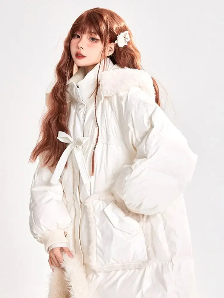 Doudoune blanche à capuche pour femme, vêtements d'hiver, mode coréenne, mi-longue, vêtements d'extérieur, ample, chaud, épais, matelassé, manteau Long pour femme