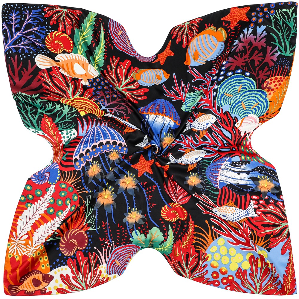130*130 cm 100% Foulard en soie sergé femmes carré Bandana châle le monde sous-marin imprimé foulards femme Foulard foulard