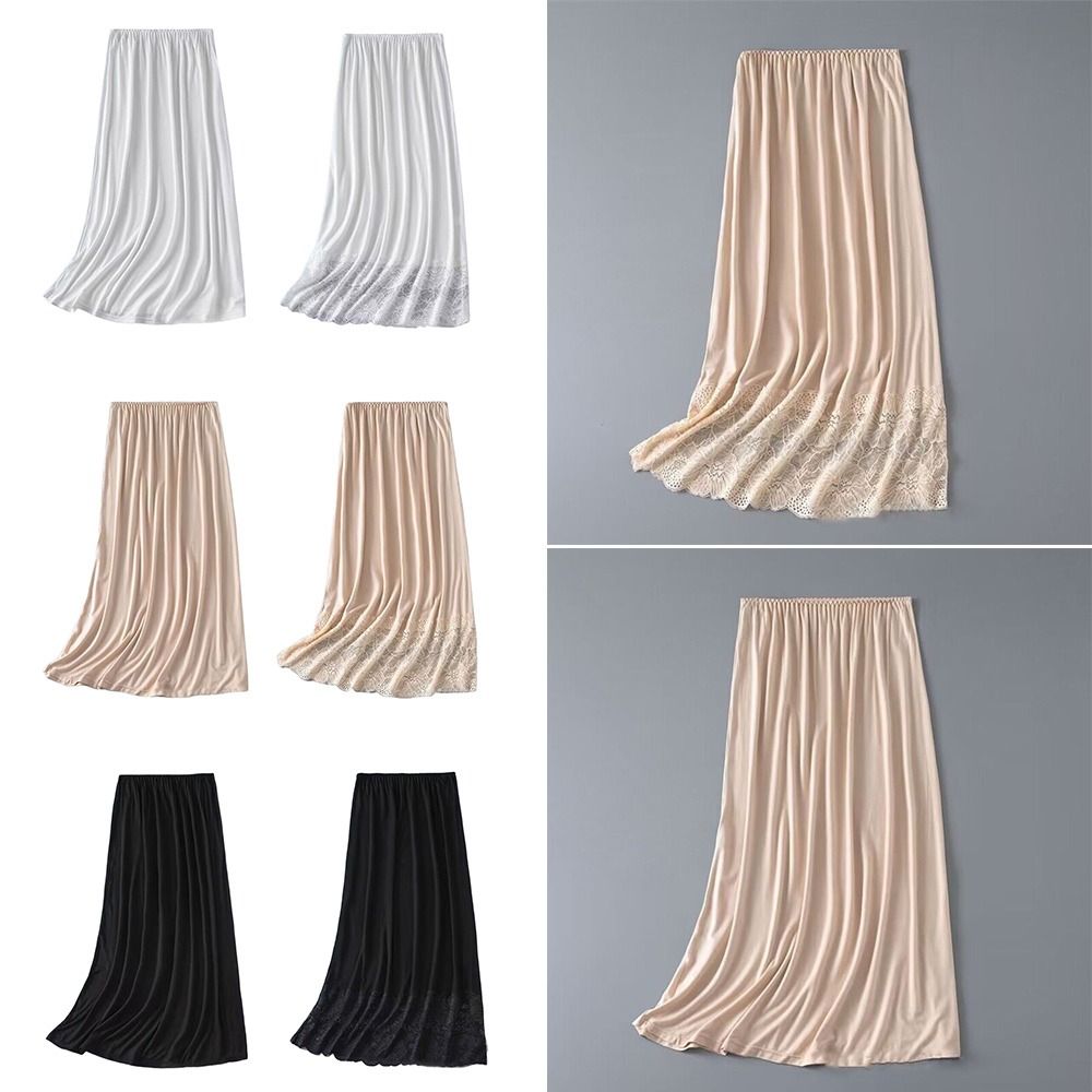 Jupe mi-longue en soie glacée fine pour femme, sous-jupe en dentelle anti-transparence, taille haute élastique anti-éclairement