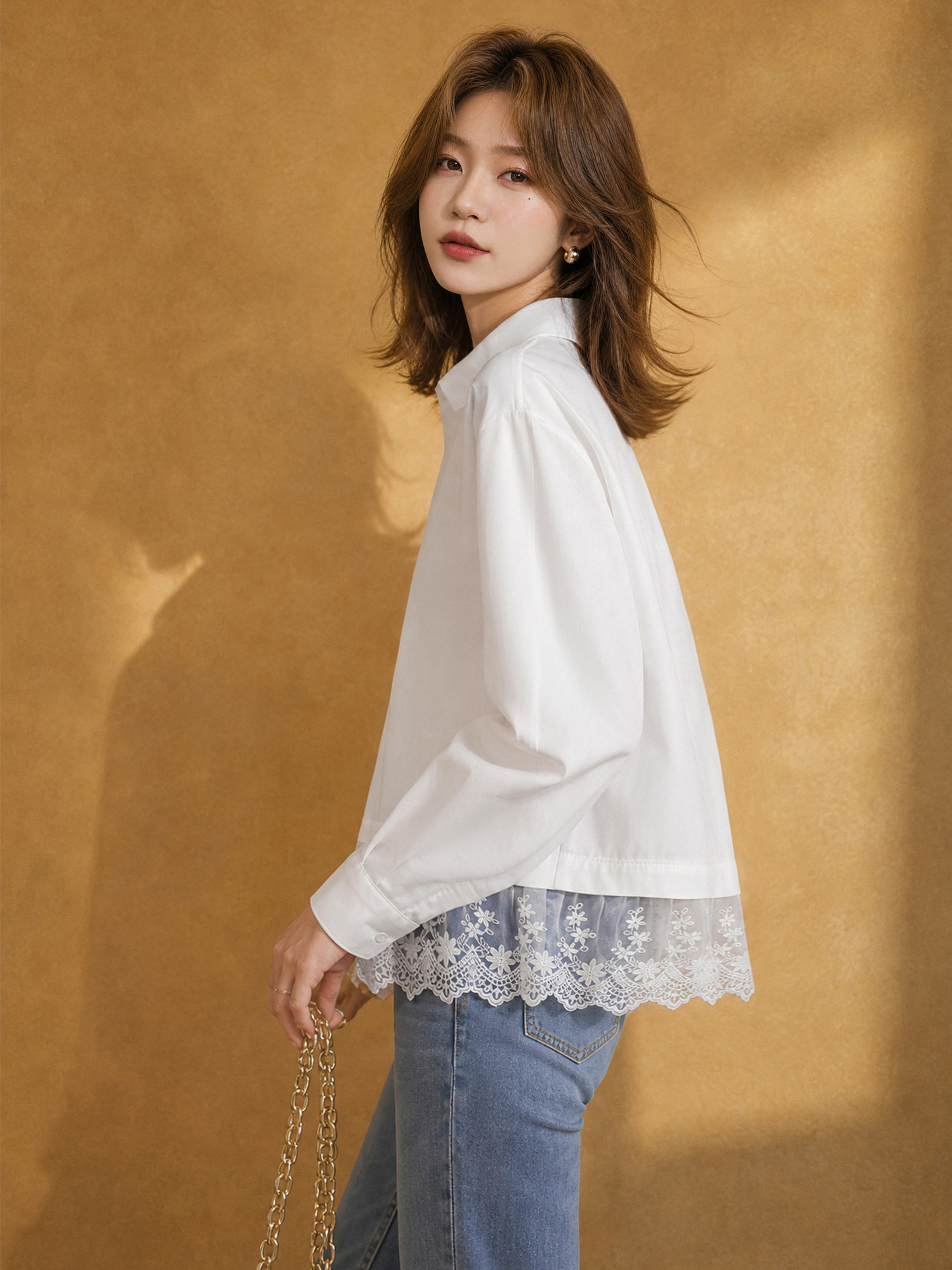 Chemisier en Chiffon Blanc XIAOGULI pour Femme, Manches Longues, Ourlet en Dentelle, Collection Automne 2026, Coupe Ample Décontractée, Grande Taille XL, Tenue Quotidienne et de Bureau