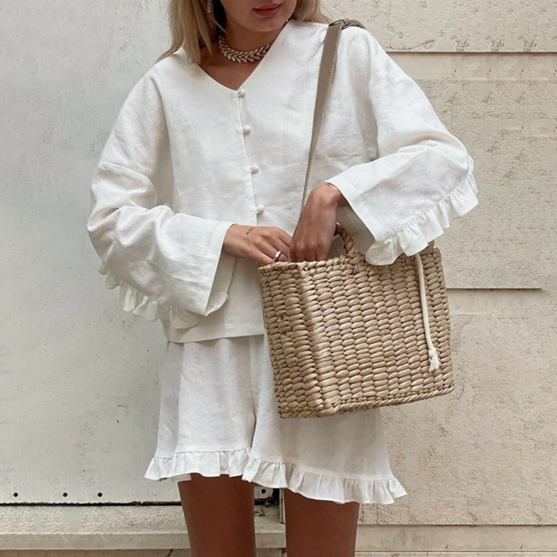 Tenue de salon vintage pour femme, chemise boutonnée à col en V, chemisier à manches longues, taille élastique en Y, short à volants, ensemble décontracté 2 pièces, automne