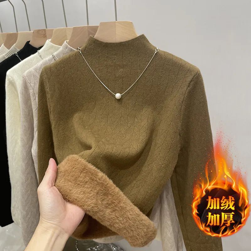 Pull pour femmes hiver peluche velours doublé épaissir demi col roulé respectueux de la peau Jacquard rayures pull thermique hauts pull
