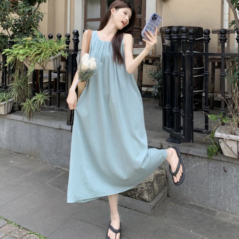 Robe longue froncée à col rond pour femme, coupe ample, dos nu, sans manches, style coréen, pour la ville