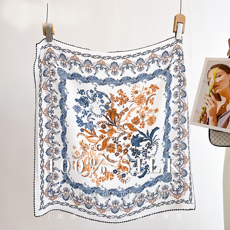 Foulard carré de luxe 100% soie de mûrier 70cm, imprimé floral baroque rétro, foulard de cou, foulard de tête, décoration de sac, cadeau quotidien pour femmes