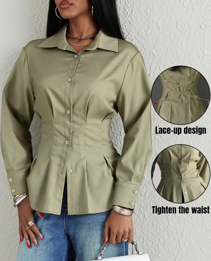 Chemise femme 2025 printemps nouveau col rabattu manches longues bouton avant chemisier décontracté dos croisé attaché détail queue de poisson chemise