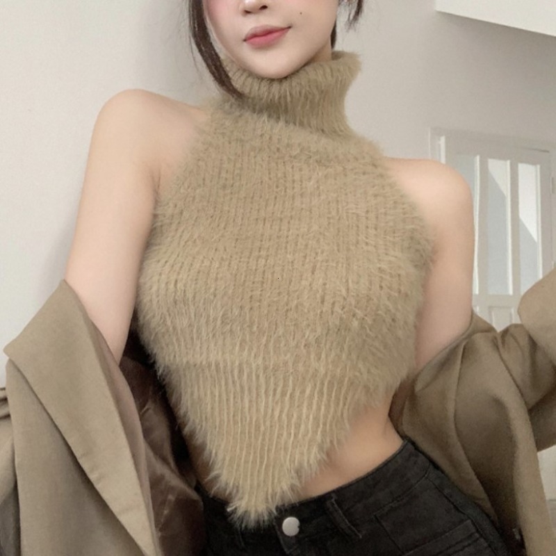Débardeur tricoté chic et sexy pour femme, dos nu, court, sans manches, épaules dénudées, style streetwear populaire, bord ondulé