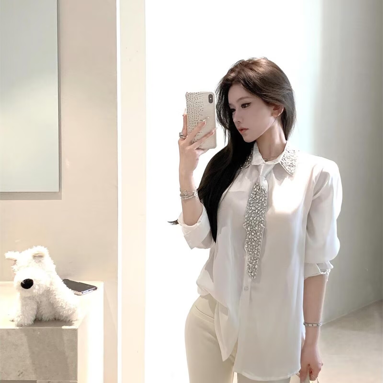2025 femmes chemise blanche nouveau printemps automne cristal perles avec cravate en mousseline de soie chemise femmes Blouses dames hauts femmes vêtements