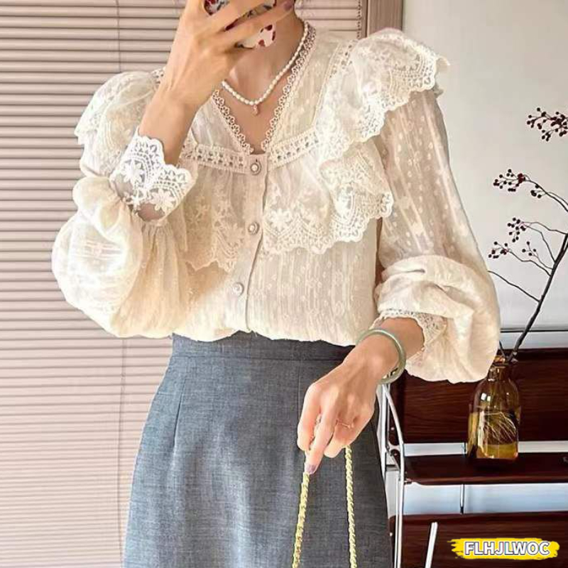 2024 printemps automne chemises de base Blouses femmes mode à manches longues élégant bureau dame travail solide blanc à volants Chic hauts Blusas