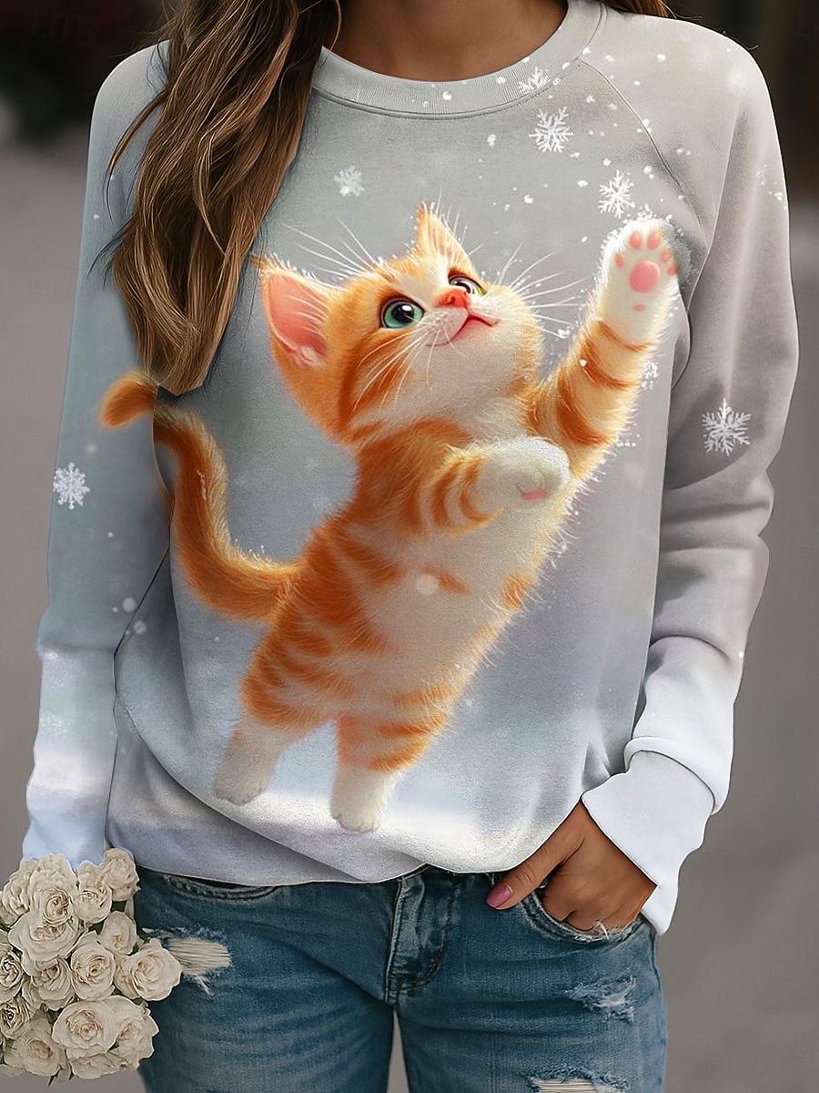 Sweat-shirt à manches longues et col rond pour femme, vêtement d'automne avec image de chat mignon, imprimé Animal en 3D, Y2k, Harajuku