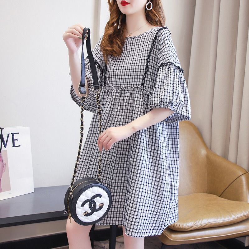 Robe mi-longue à carreaux pour femmes, vêtements décontractés, ligne A, nœud, plis, épissé, mince, col rond, basique, manches courtes, été