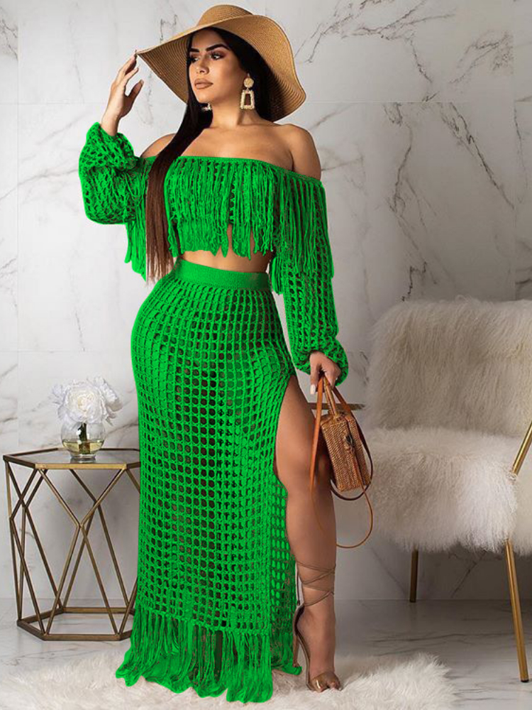 Ensemble deux pièces en tricot pour femmes, jupe longue fendue, taille haute, col en Y, mince, amissié, élégant, dame, plage