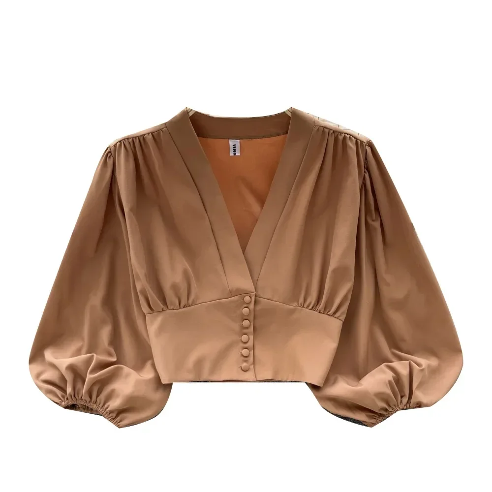 Chemises françaises Chic et élégantes pour femmes, col en v, manches longues bouffantes, chemisier pliable, polyvalent, ventre nu, hauts pour dames, livraison directe