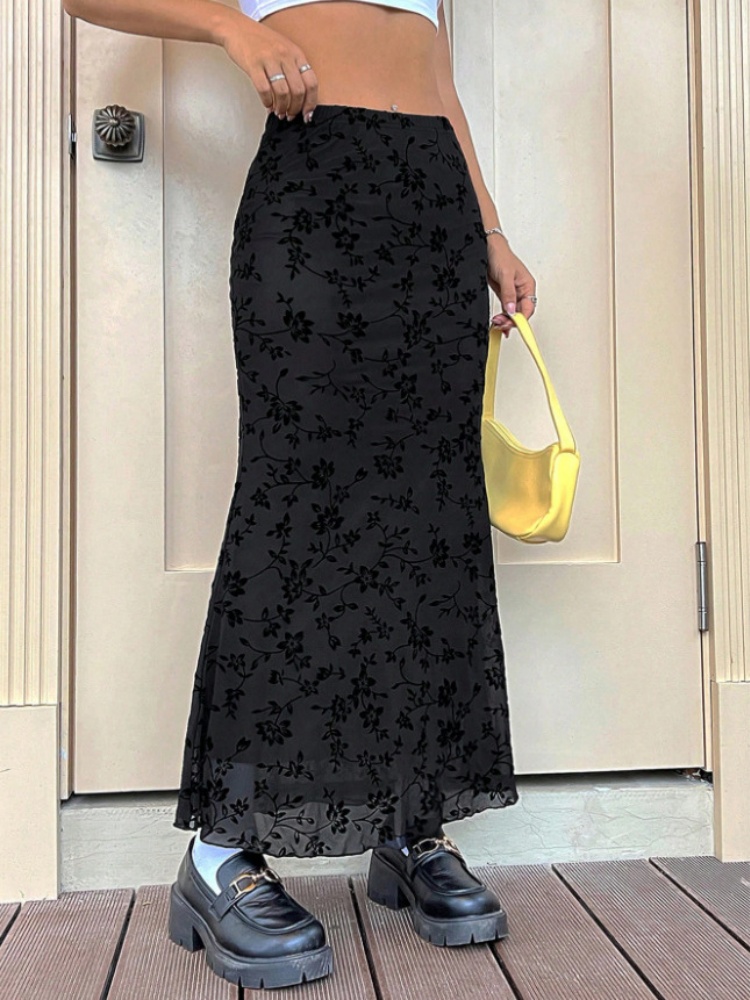 Jupe longue élégante noire pour femme, printemps 2026, décontractée, à fleurs, coupe ajustée, style sirène