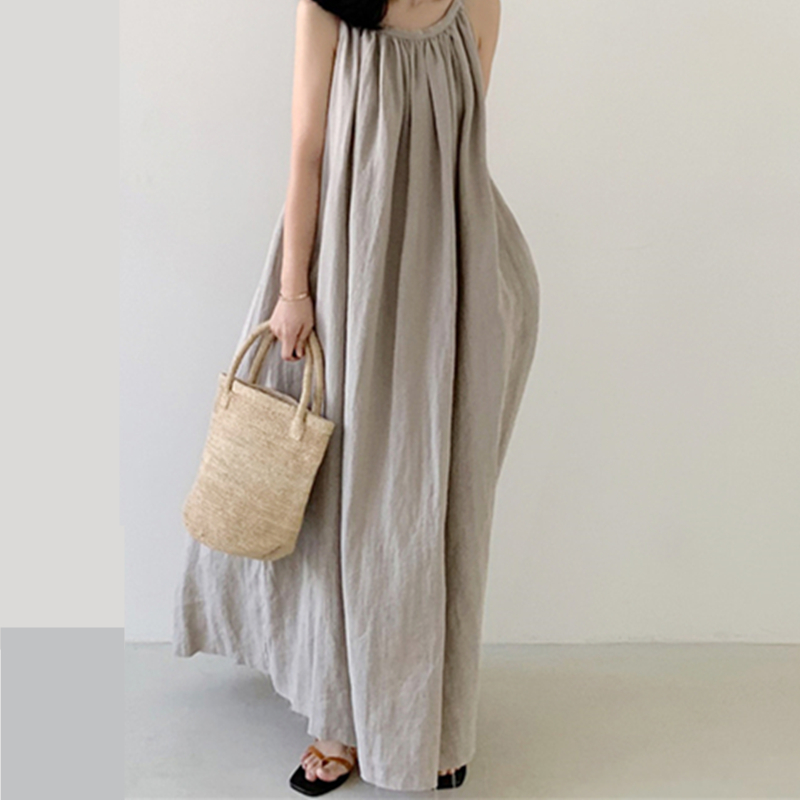 REALEFT-Robe Longue en Coton et Lin Précieux pour Femme, Vintage, Col Rond, Sans Bretelles, Nouvelle Collection Été 2024